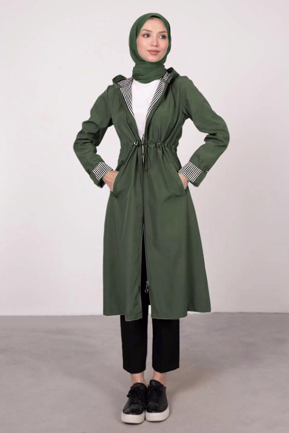 Tesettür giyim HAKİ ÇİZGİLİ BÜZGÜLÜ TRENÇKOT 5002 