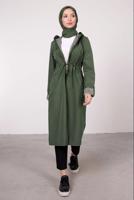 Tesettür giyim HAKİ ÇİZGİLİ BÜZGÜLÜ TRENÇKOT 5002 