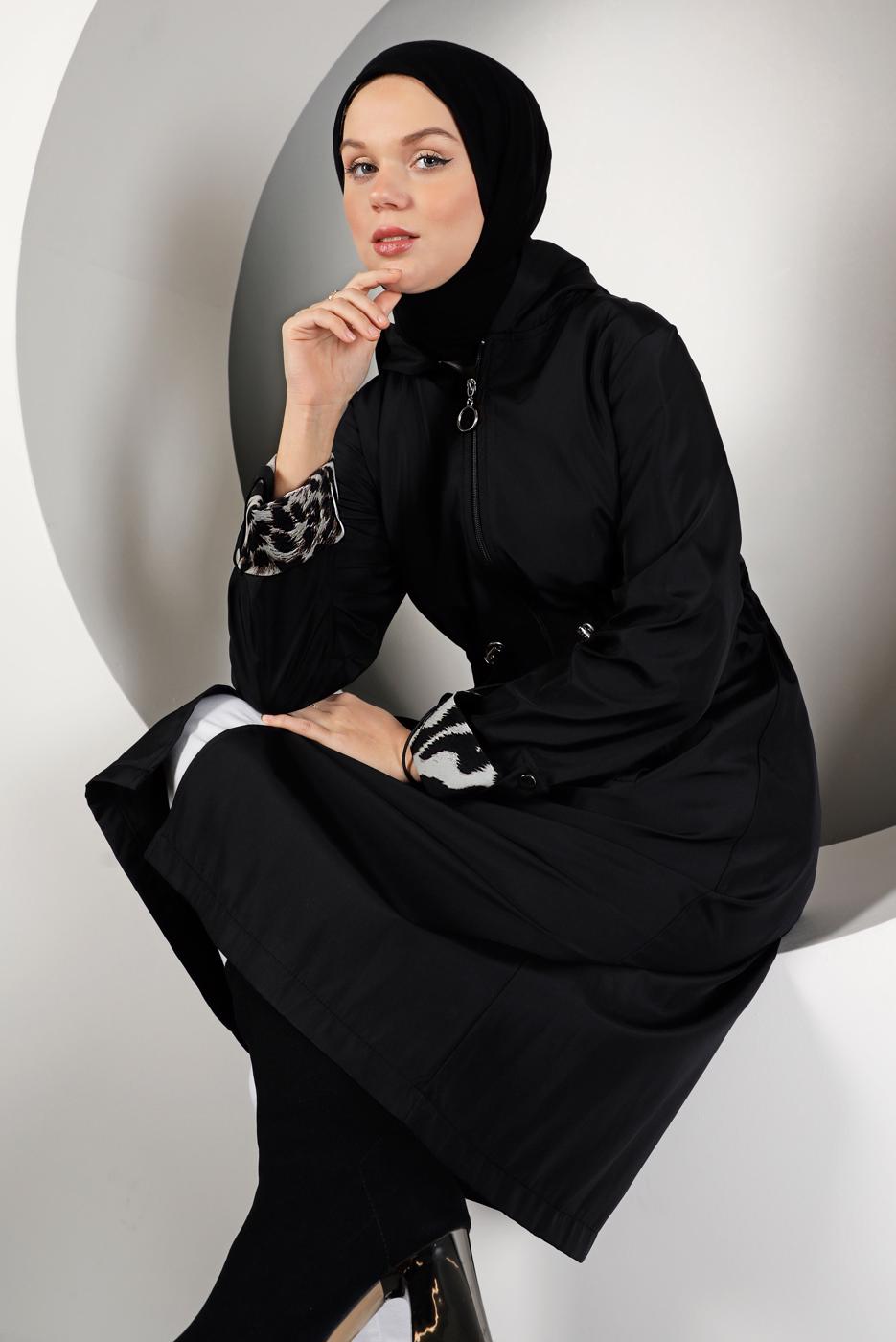 Tesettür giyim SİYAH LEOPAR DESENLİ TRENÇKOT 5002-1