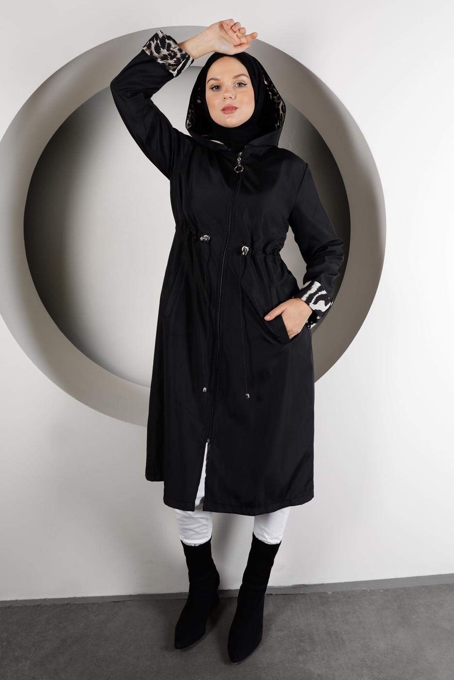 Tesettür giyim SİYAH LEOPAR DESENLİ TRENÇKOT 5002-1