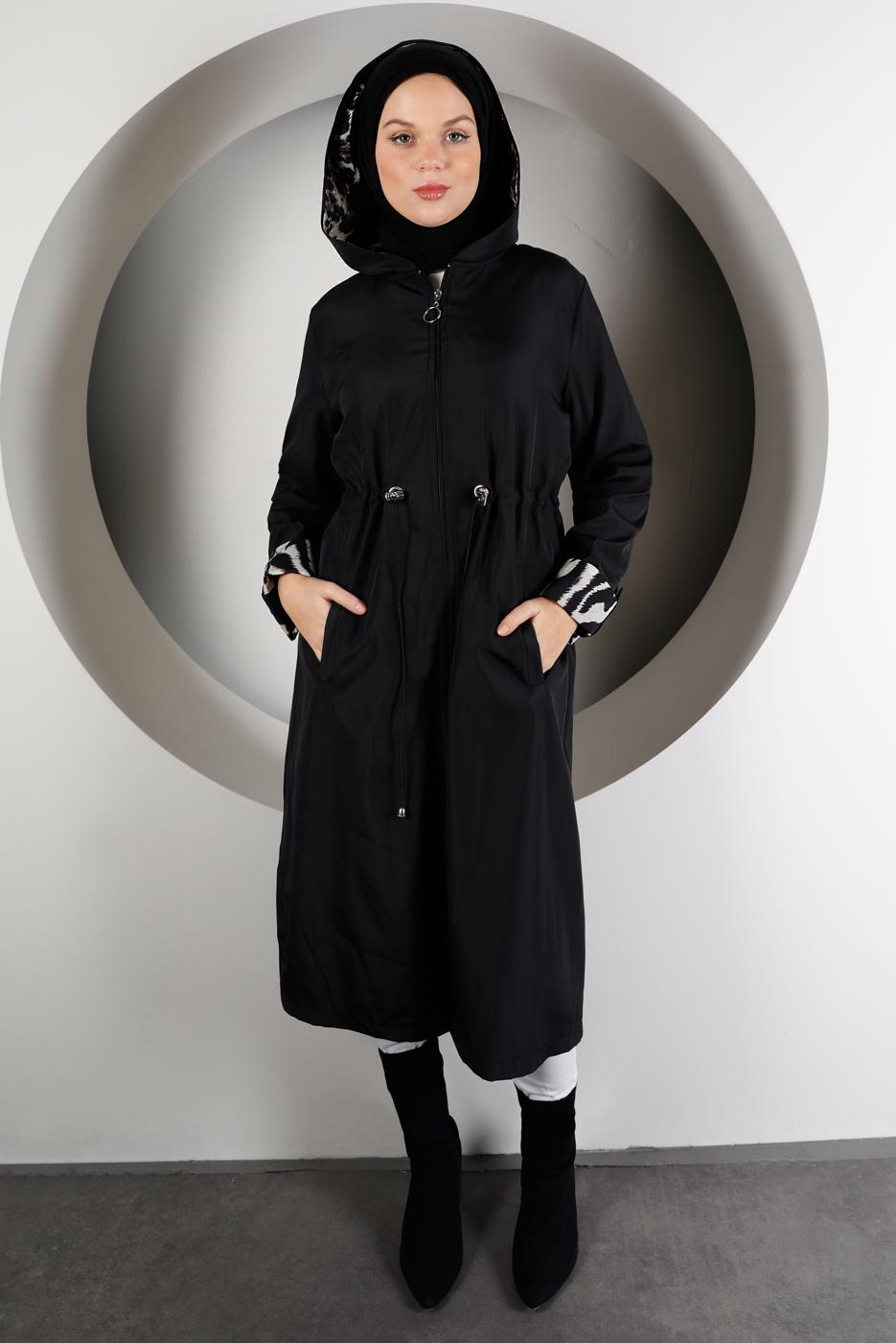 Tesettür giyim SİYAH LEOPAR DESENLİ TRENÇKOT 5002-1