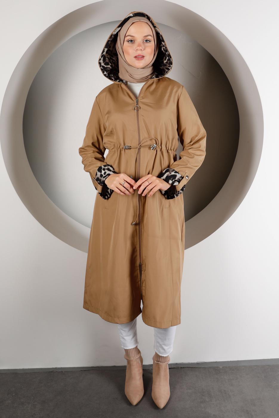 Tesettür giyim KAHVE LEOPAR DESENLİ TRENÇKOT 5002-1