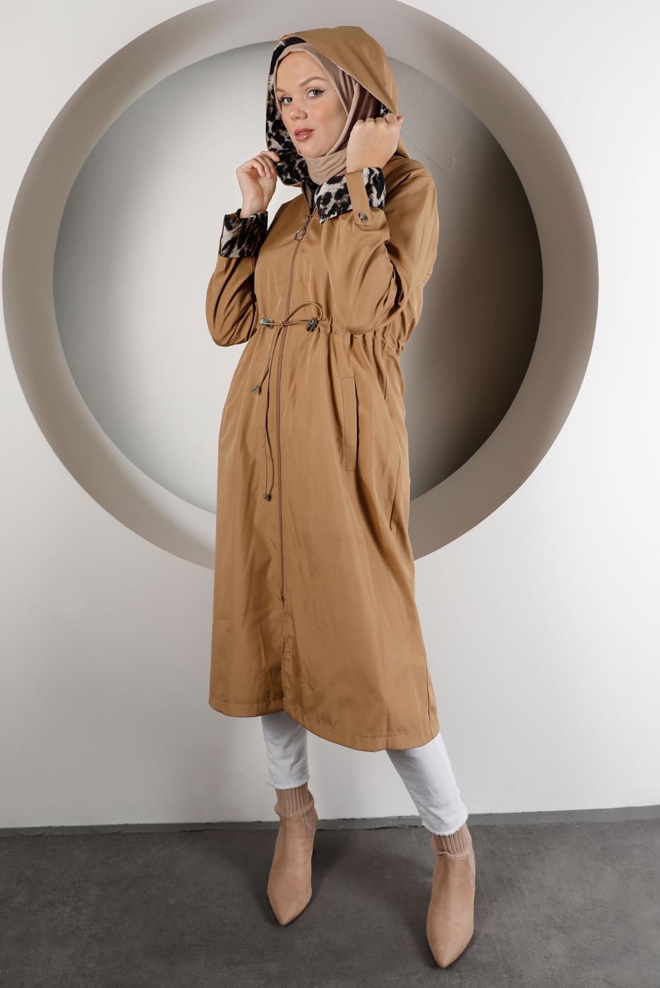 Tesettür giyim KAHVE LEOPAR DESENLİ TRENÇKOT 5002-1