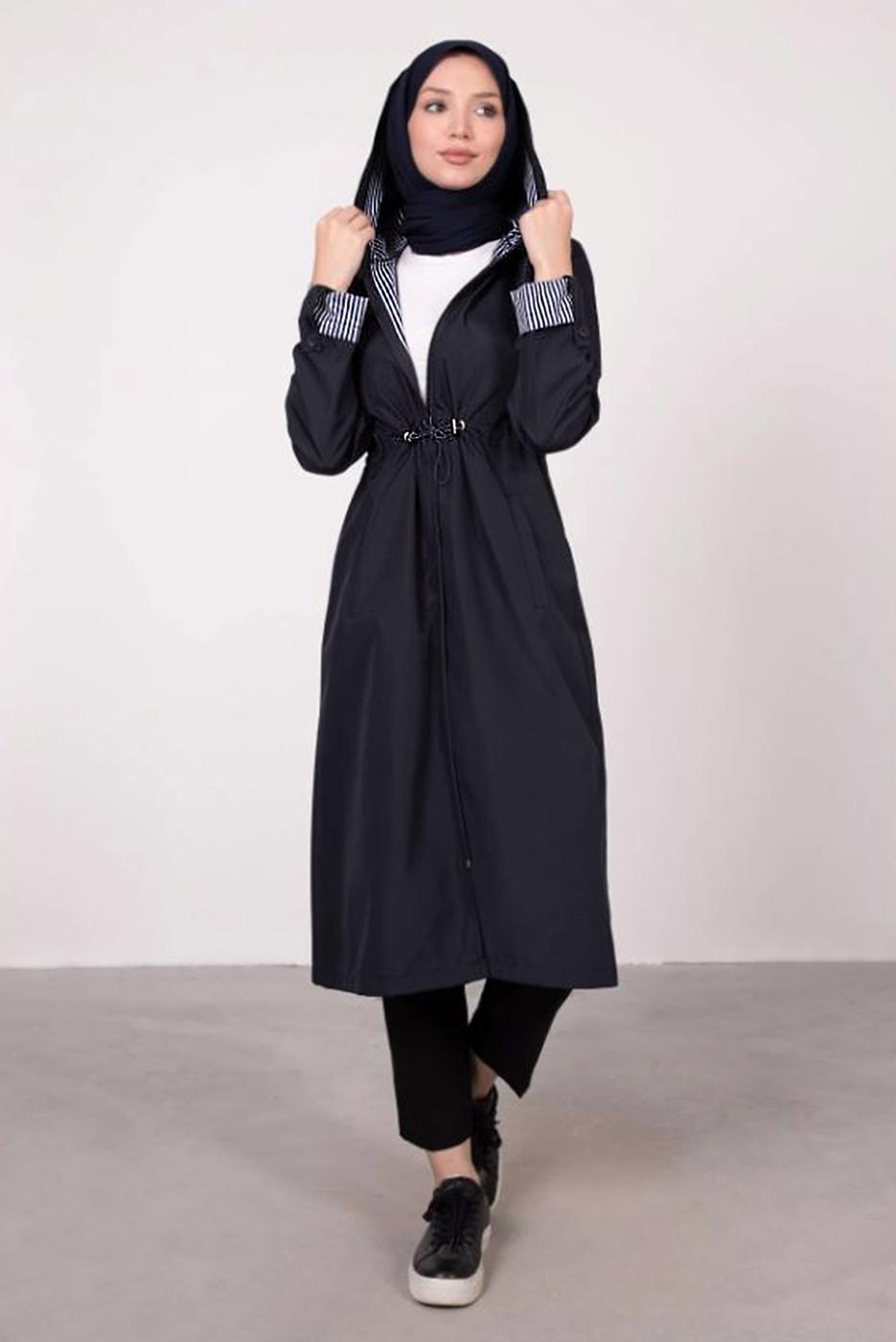 Tesettür giyim LACİVERT ÇİZGİLİ BÜZGÜLÜ TRENÇKOT 5002 