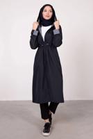 Tesettür giyim LACİVERT ÇİZGİLİ BÜZGÜLÜ TRENÇKOT 5002 