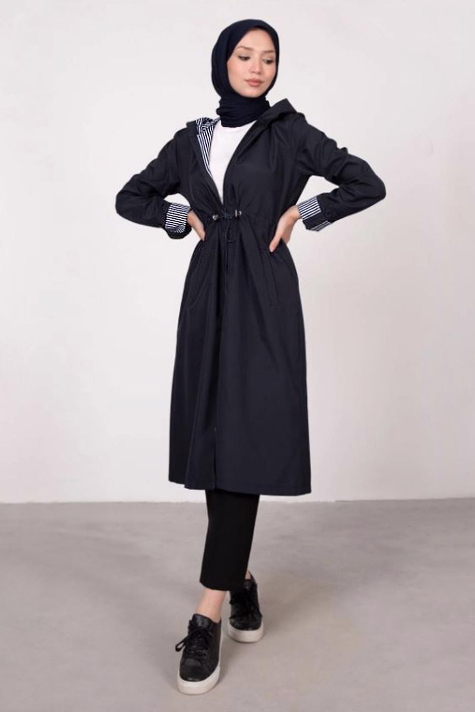 Tesettür giyim LACİVERT ÇİZGİLİ BÜZGÜLÜ TRENÇKOT 5002 