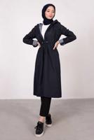 Tesettür giyim LACİVERT ÇİZGİLİ BÜZGÜLÜ TRENÇKOT 5002 