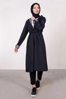 Tesettür giyim LACİVERT ÇİZGİLİ BÜZGÜLÜ TRENÇKOT 5002 