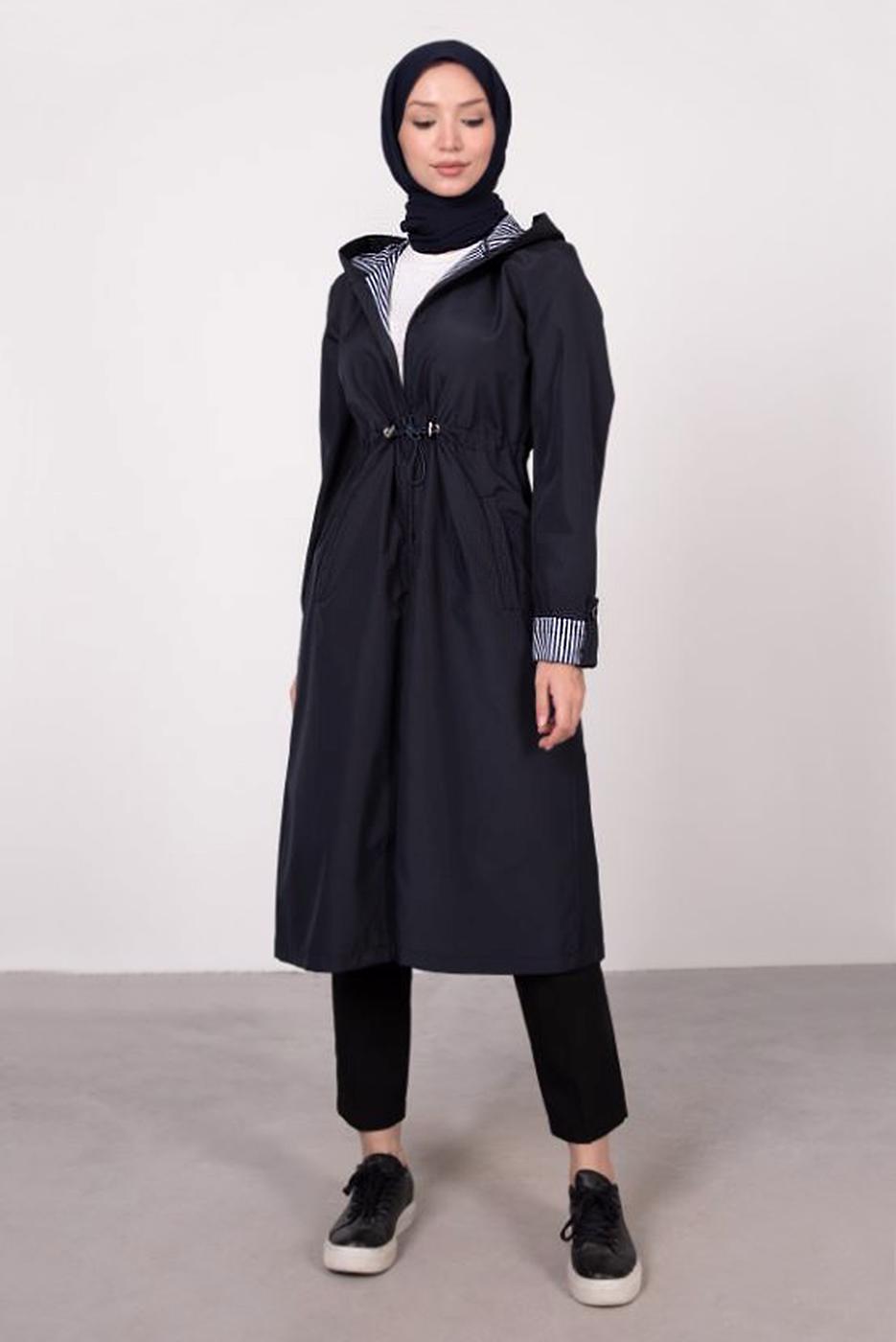Tesettür giyim LACİVERT ÇİZGİLİ BÜZGÜLÜ TRENÇKOT 5002 