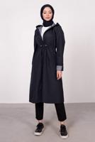 Tesettür giyim LACİVERT ÇİZGİLİ BÜZGÜLÜ TRENÇKOT 5002 