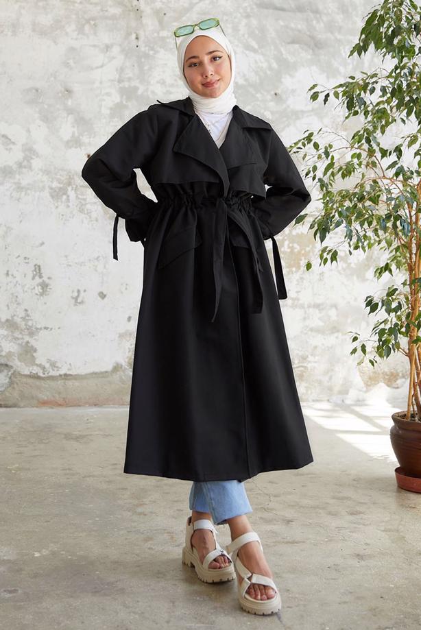 Vêtements hijab  SMOCKING WAIST TRENCH COAT 60080 - TRENDTESETTÜR