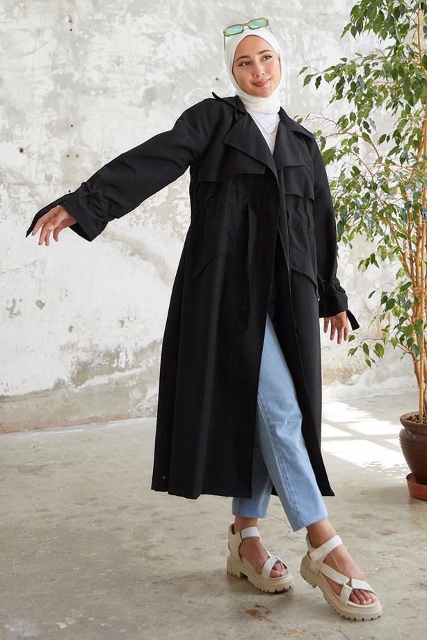 Vêtements hijab  SMOCKING WAIST TRENCH COAT 60080 - TRENDTESETTÜR