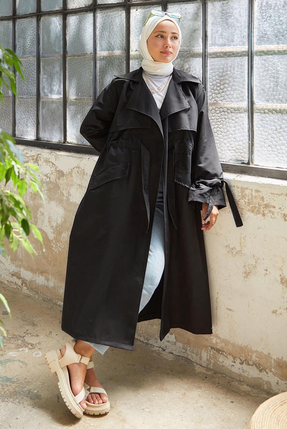 Vêtements hijab NOIR TRENCH-COAT À TAILLE SMOCKÉE 60080