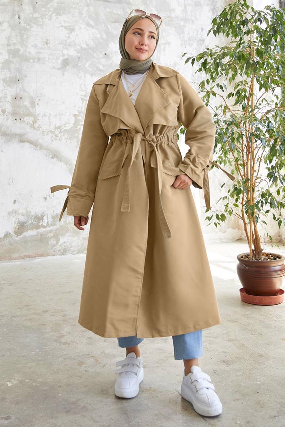 Hijab clothing BROWN SMOCKING WAIST TRENCH COAT 60080