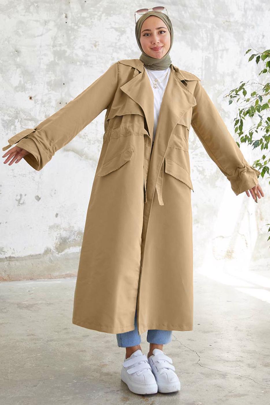 Hijab clothing BROWN SMOCKING WAIST TRENCH COAT 60080