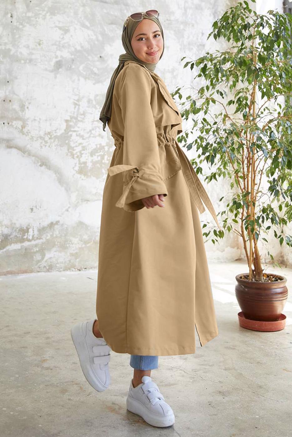 Hijab clothing BROWN SMOCKING WAIST TRENCH COAT 60080