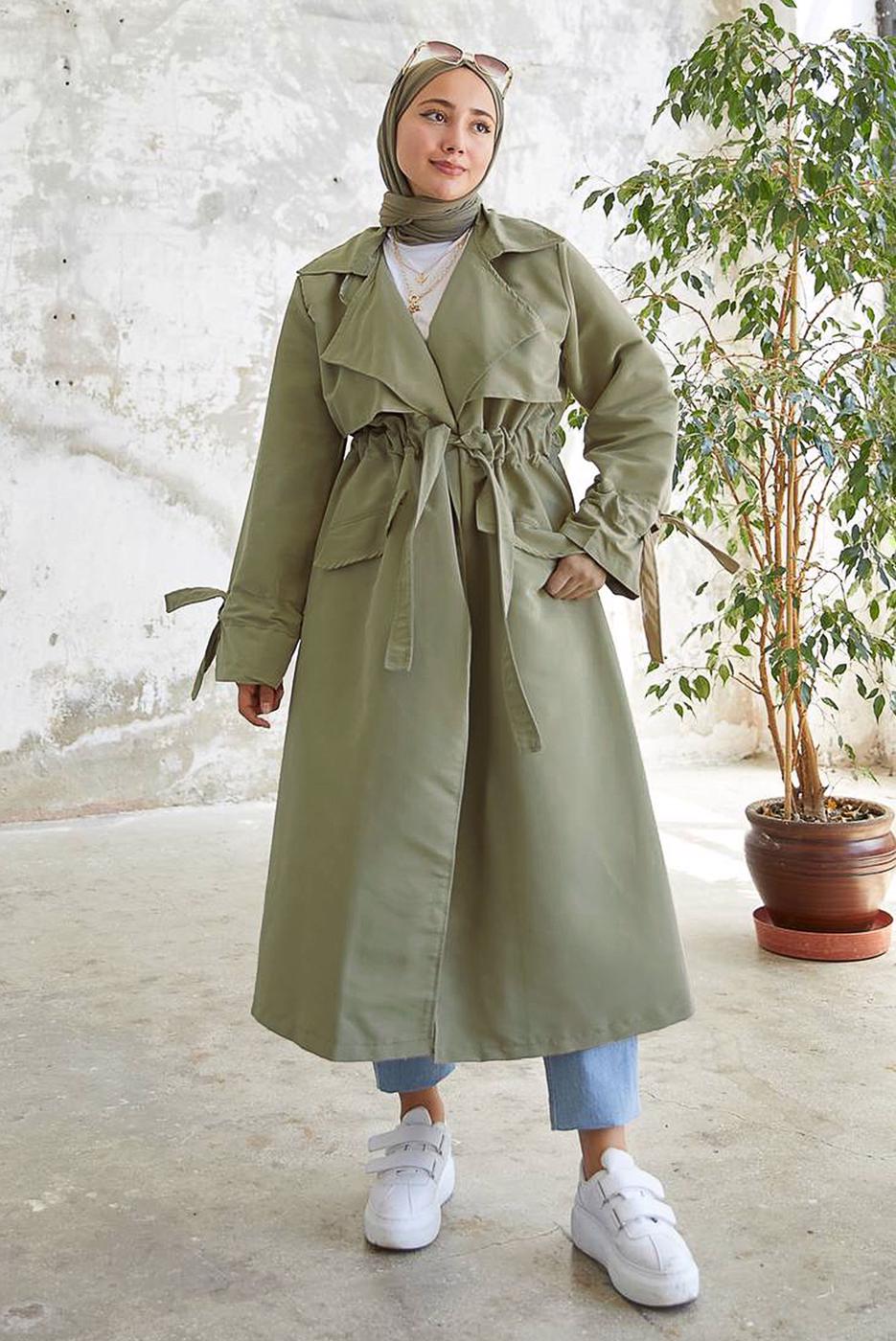 Hijab clothing KHAKI SMOCKING WAIST TRENCH COAT 60080