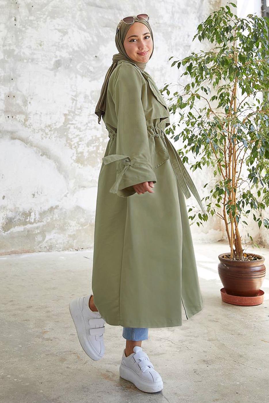 Hijab clothing KHAKI SMOCKING WAIST TRENCH COAT 60080