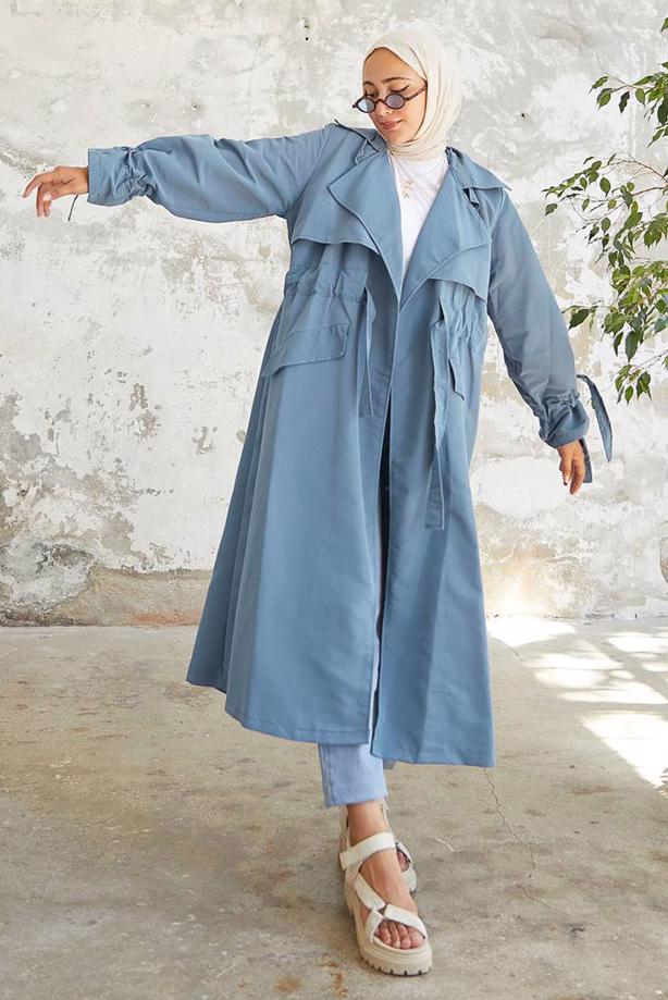 Vêtements hijab  SMOCKING WAIST TRENCH COAT 60080 - TRENDTESETTÜR