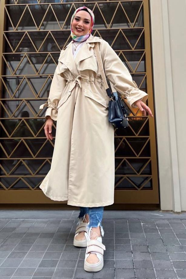 Vêtements hijab  SMOCKING WAIST TRENCH COAT 60080 - TRENDTESETTÜR