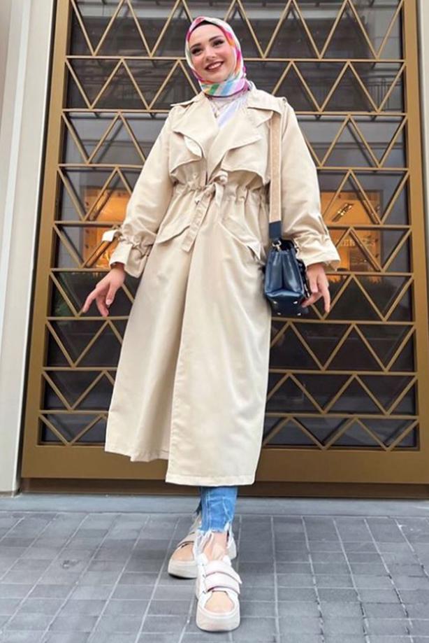 Vêtements hijab  SMOCKING WAIST TRENCH COAT 60080 - TRENDTESETTÜR