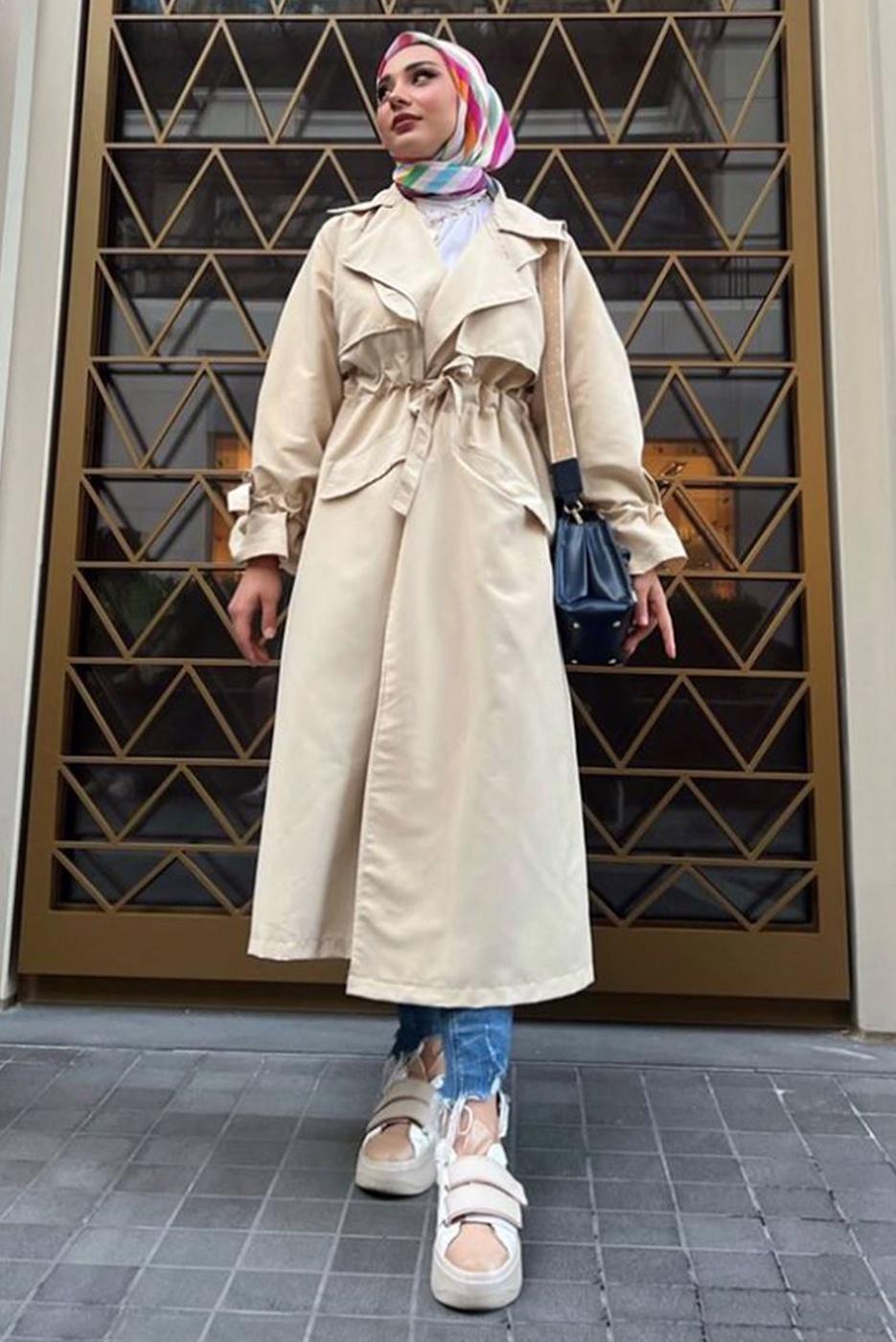 Hijab clothing BEIGE SMOCKING WAIST TRENCH COAT 60080