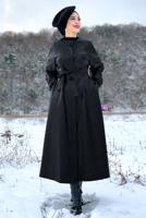 Tesettür giyim SİYAH KUŞAKLI DERİ GÖRÜNÜMLÜ TRENÇKOT  8447 