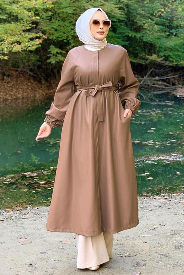 Vêtements hijab VISON TRENCH-COAT EN CUIR AVEC CEINTURE 8447 - TRENDTESETTÜR
