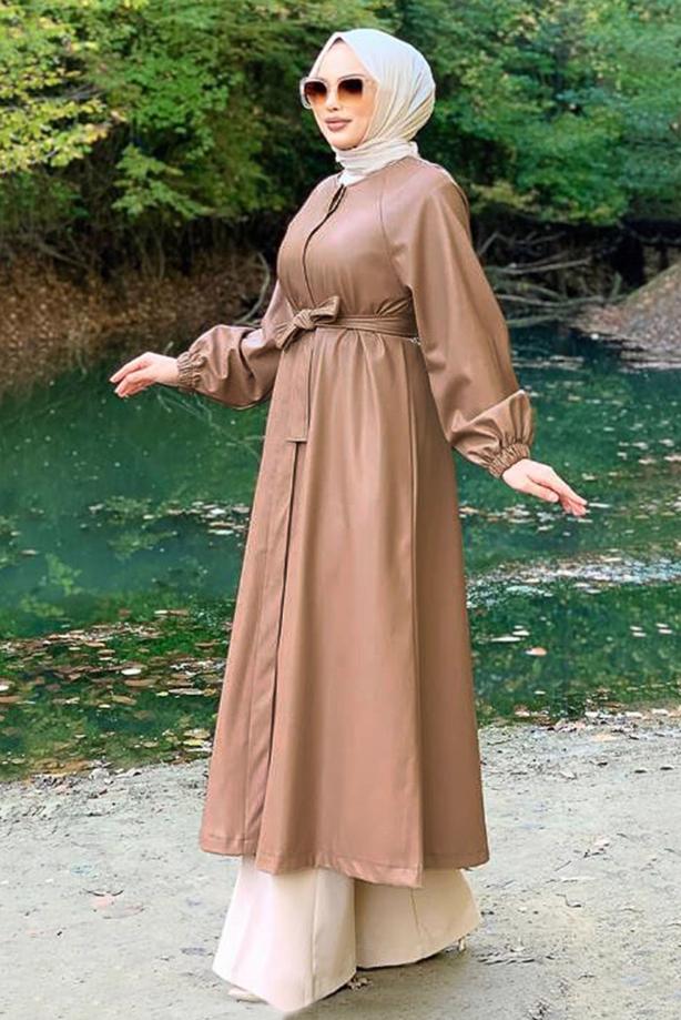 Vêtements hijab VISON TRENCH-COAT EN CUIR AVEC CEINTURE 8447 - TRENDTESETTÜR