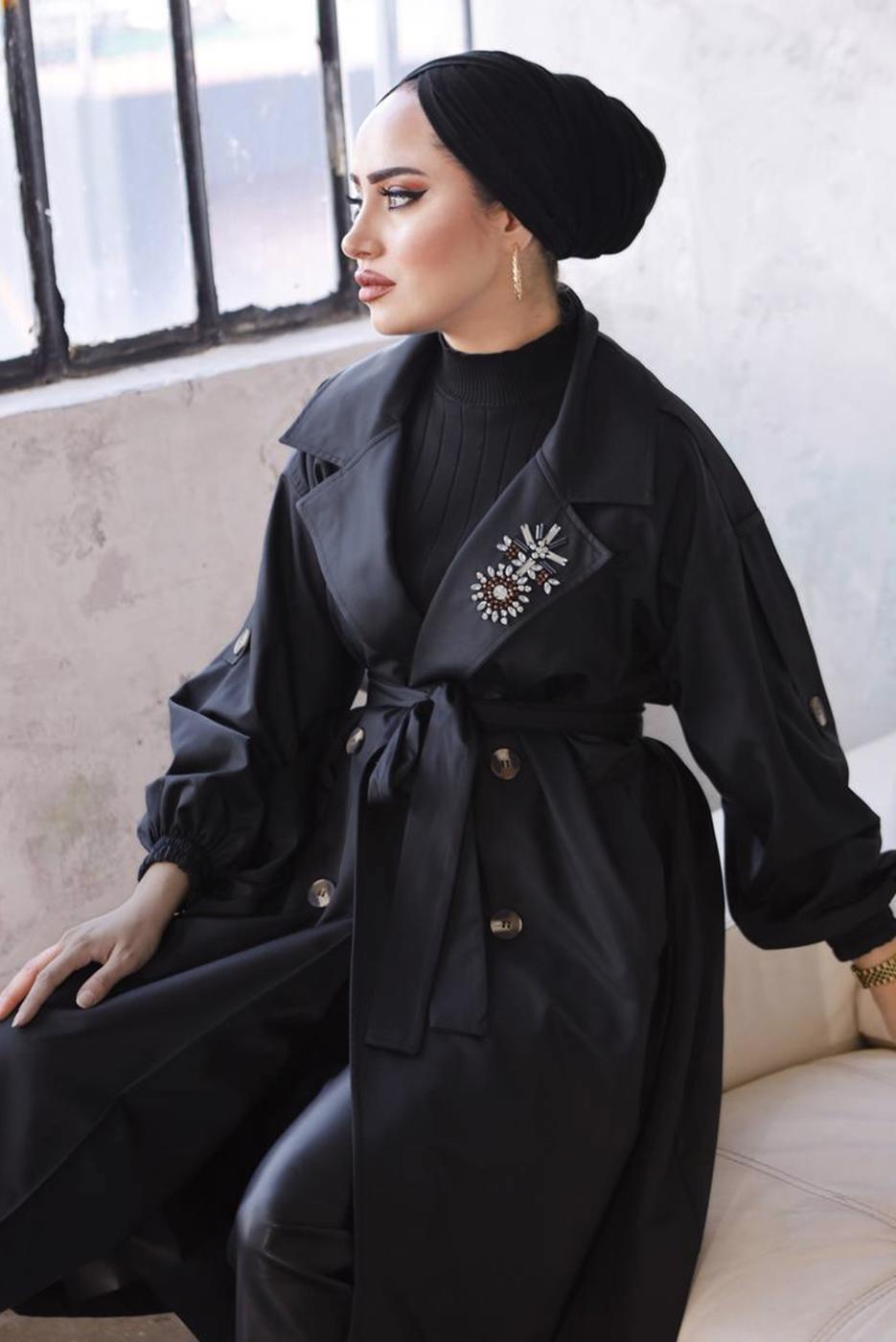 Tesettür giyim SİYAH KUŞAKLI TRENÇKOT T 9329	