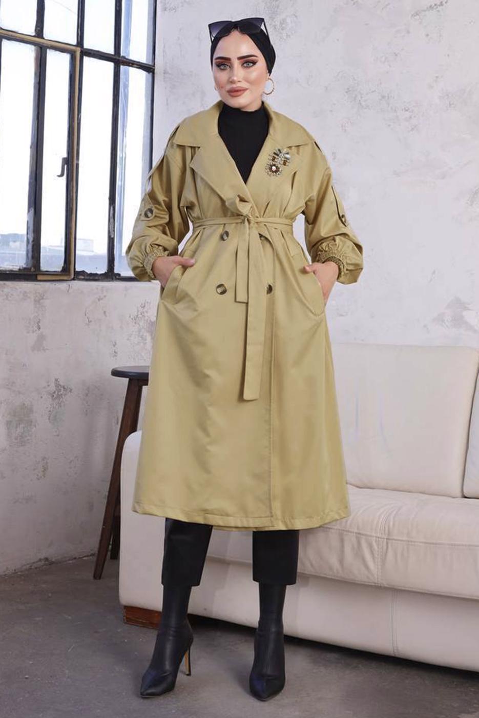 Tesettür giyim KAHVE KUŞAKLI TRENÇKOT T 9329	