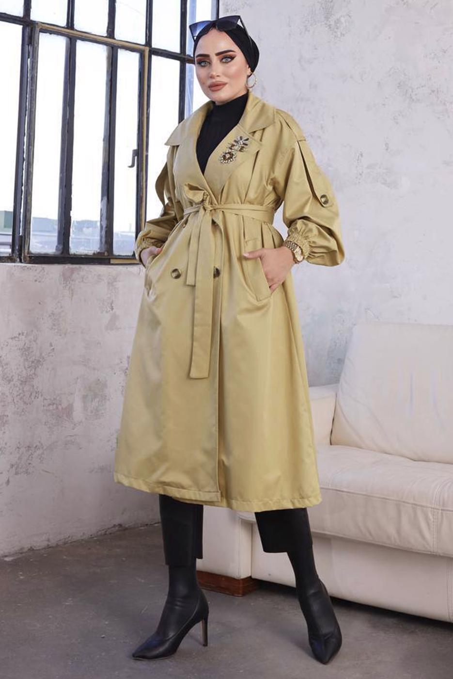 Tesettür giyim KAHVE KUŞAKLI TRENÇKOT T 9329	