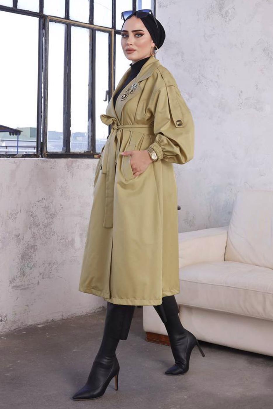 Tesettür giyim KAHVE KUŞAKLI TRENÇKOT T 9329	