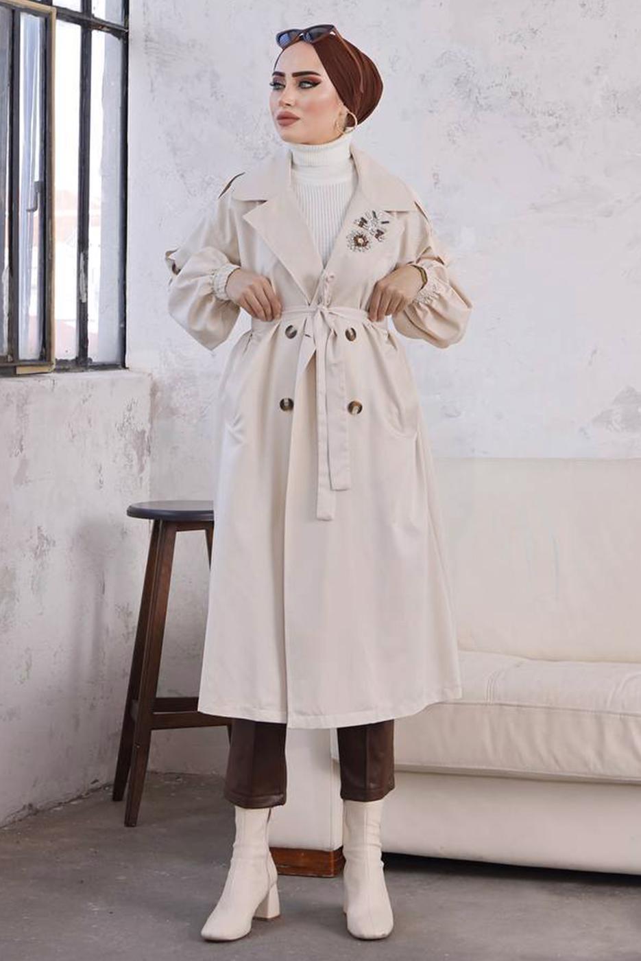 Tesettür giyim BEJ KUŞAKLI TRENÇKOT T 9329	