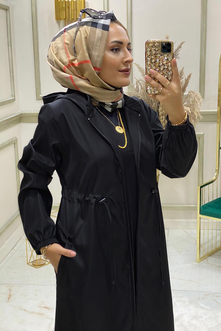 Tesettür giyim SİYAH BELİ BÜZGÜLÜ TRENÇKOT 9888 