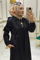 Tesettür giyim SİYAH BELİ BÜZGÜLÜ TRENÇKOT 9888 