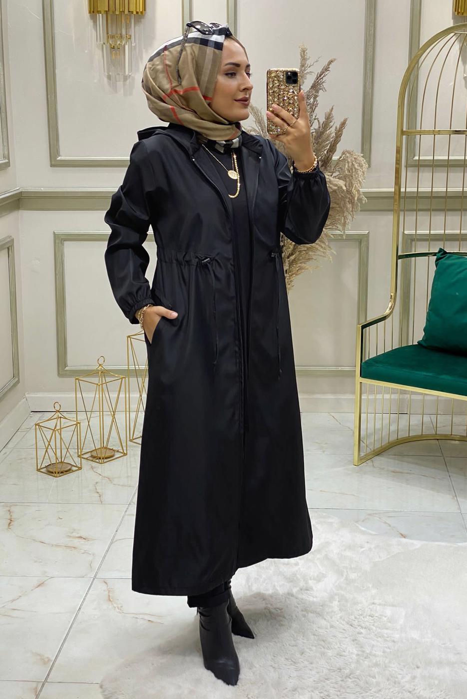 Tesettür giyim SİYAH BELİ BÜZGÜLÜ TRENÇKOT 9888 