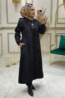Tesettür giyim SİYAH BELİ BÜZGÜLÜ TRENÇKOT 9888 