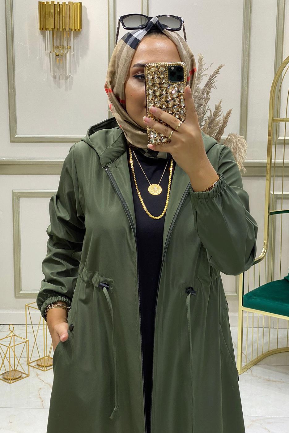 Tesettür giyim HAKİ BELİ BÜZGÜLÜ TRENÇKOT 9888 