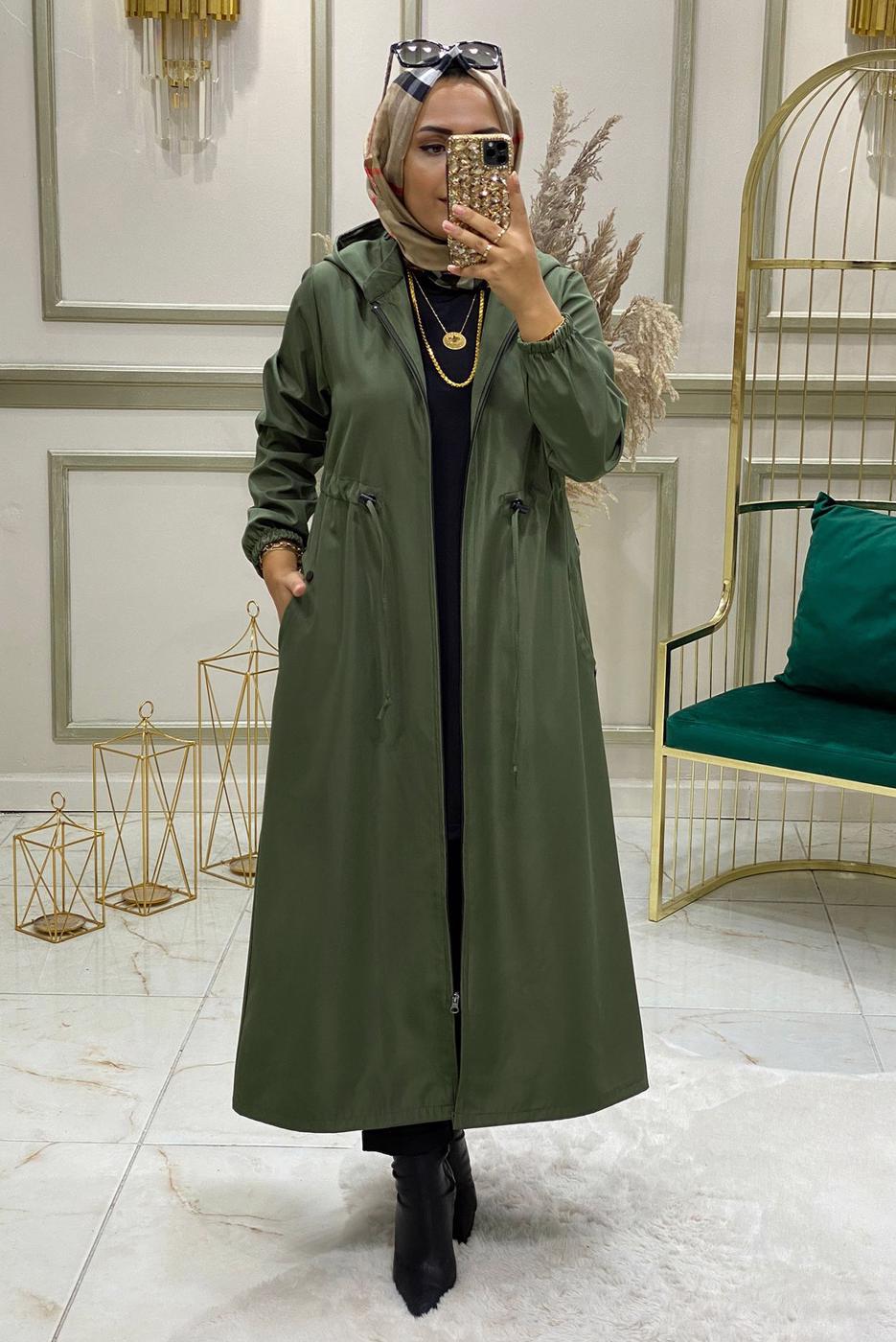 Tesettür giyim HAKİ BELİ BÜZGÜLÜ TRENÇKOT 9888 