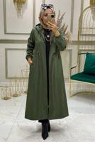 Tesettür giyim HAKİ BELİ BÜZGÜLÜ TRENÇKOT 9888 