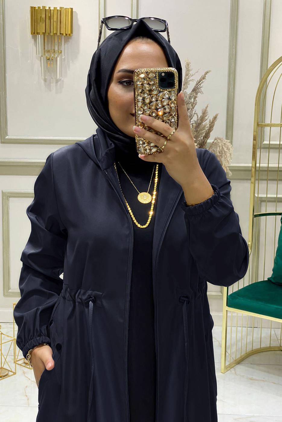 Tesettür giyim LACİVERT BELİ BÜZGÜLÜ TRENÇKOT 9888 