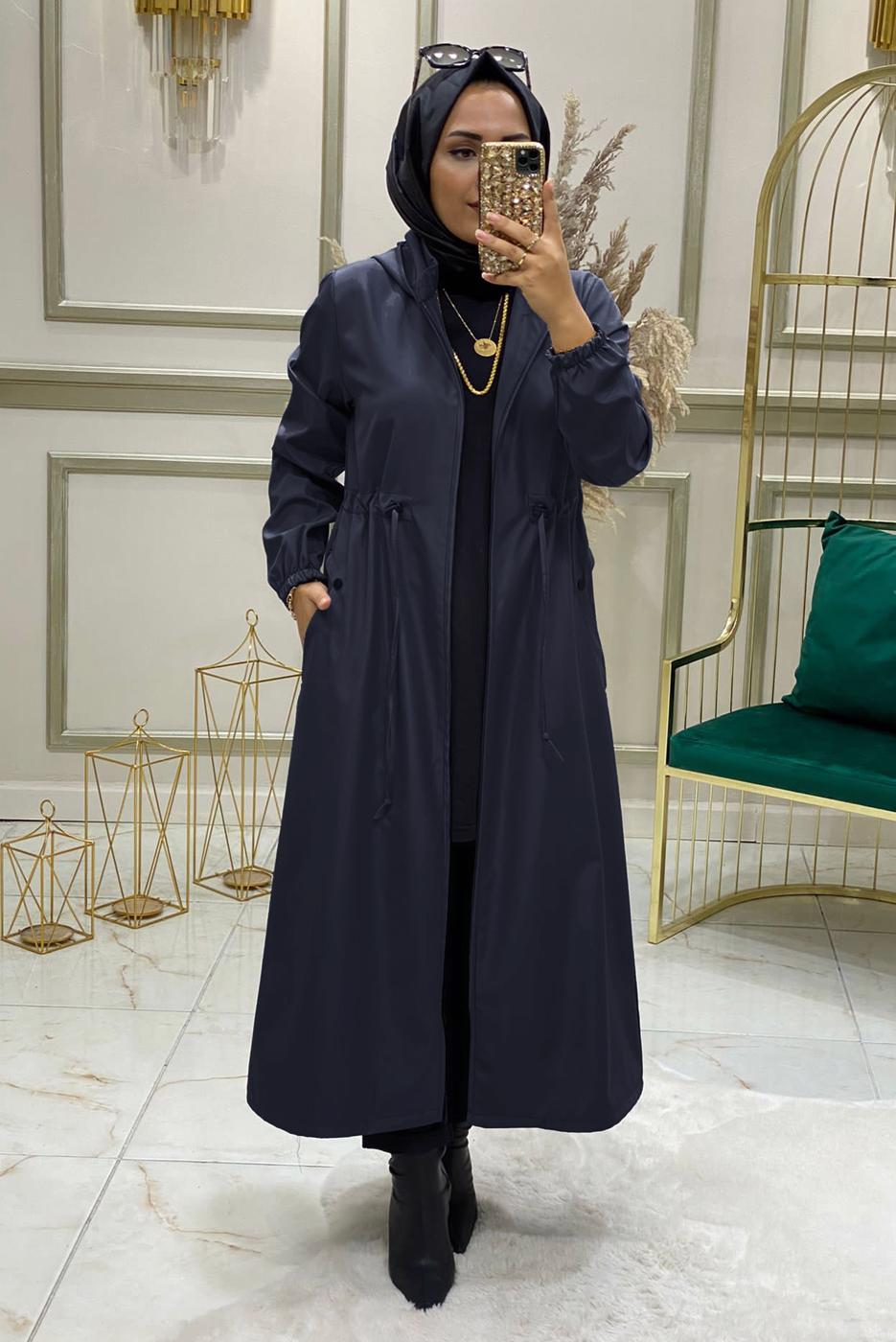 Tesettür giyim LACİVERT BELİ BÜZGÜLÜ TRENÇKOT 9888 