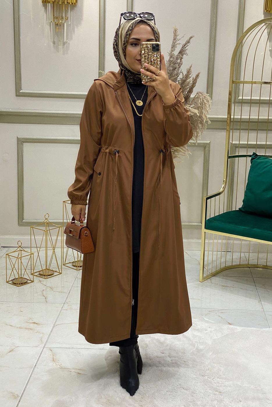 Tesettür giyim TABA BELİ BÜZGÜLÜ TRENÇKOT 9888 