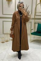 Tesettür giyim TABA BELİ BÜZGÜLÜ TRENÇKOT 9888 