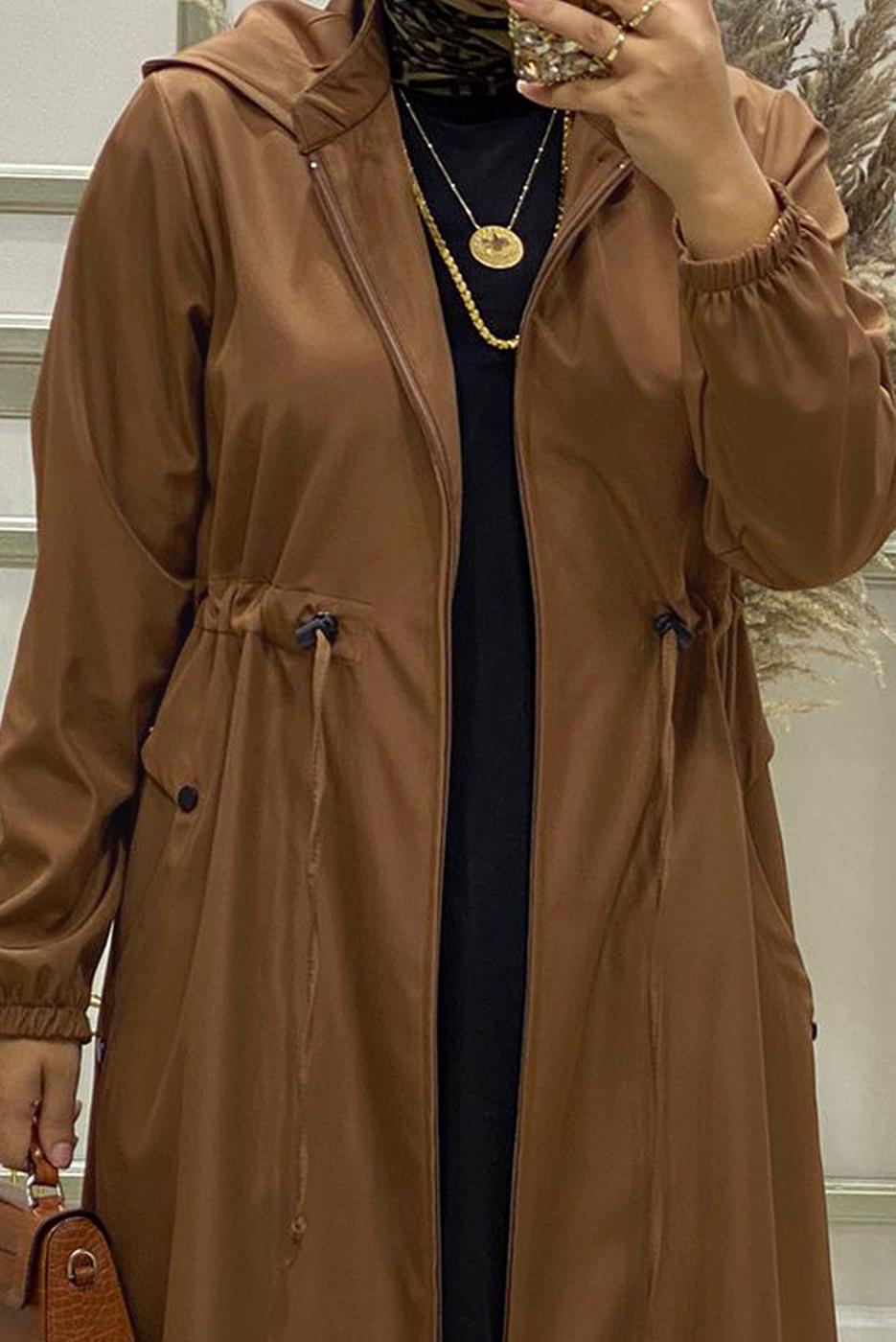 Tesettür giyim TABA BELİ BÜZGÜLÜ TRENÇKOT 9888 