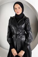 Hijab clothing BLACK PLEAT DETAIL BUTTONED LEATHER TRENCH COAT 98222