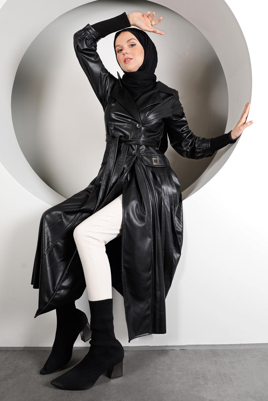 Hijab clothing BLACK PLEAT DETAIL BUTTONED LEATHER TRENCH COAT 98222