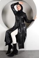 Hijab clothing BLACK PLEAT DETAIL BUTTONED LEATHER TRENCH COAT 98222