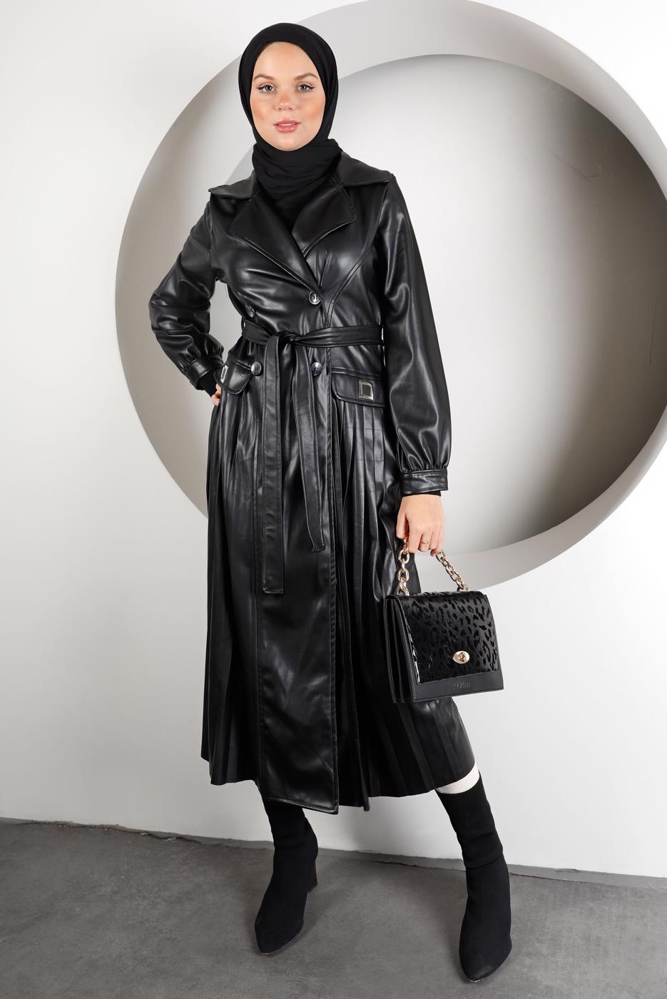 Hijab clothing BLACK PLEAT DETAIL BUTTONED LEATHER TRENCH COAT 98222